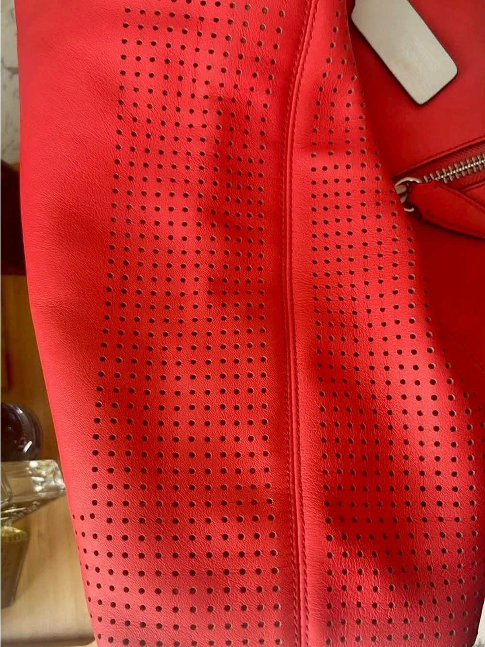 Coach Coral-Red Leather Perforated Shoulder Hobo